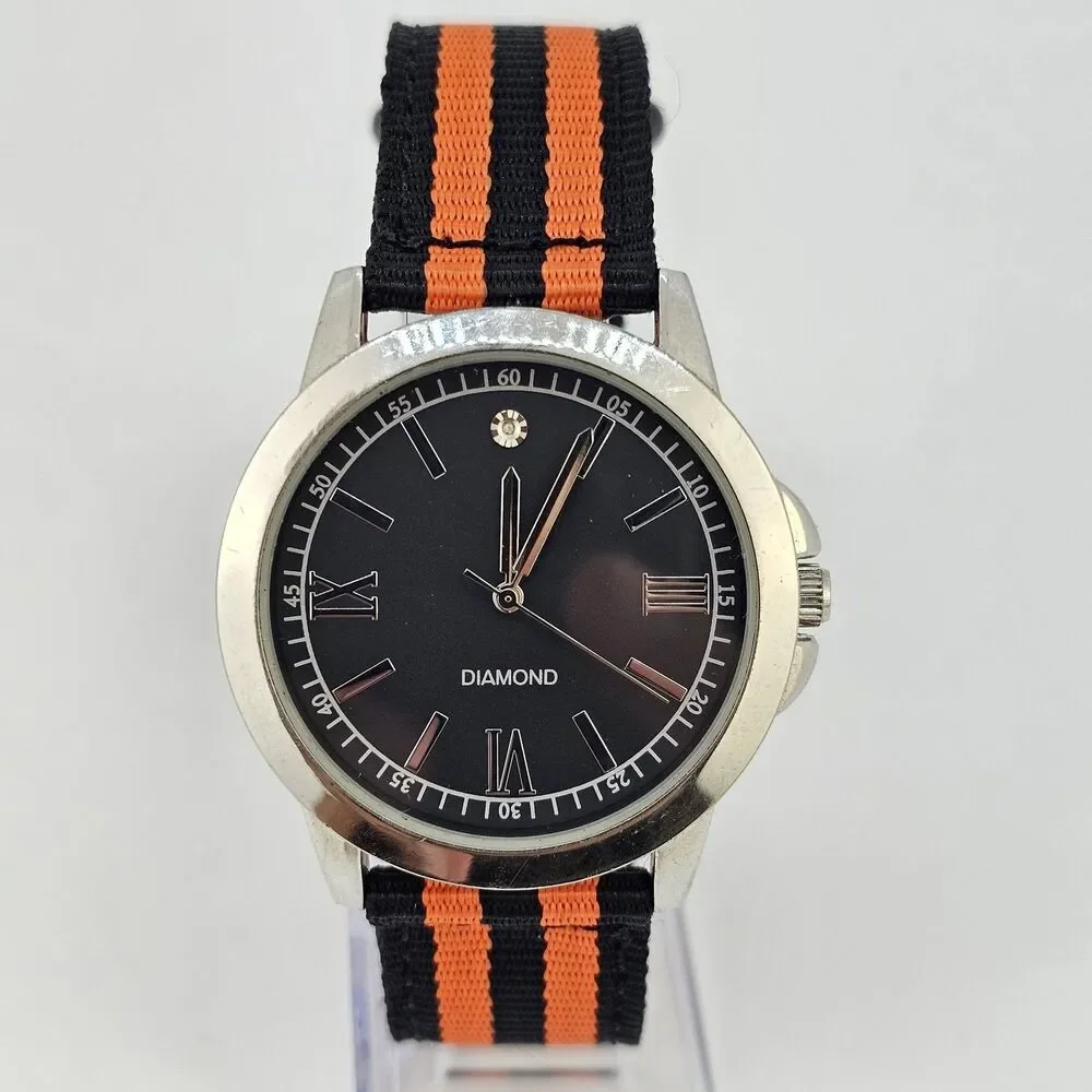 Men's Diamond Watch 40MM Black Dial New Black‎ Orange Canvas Bands New Battery